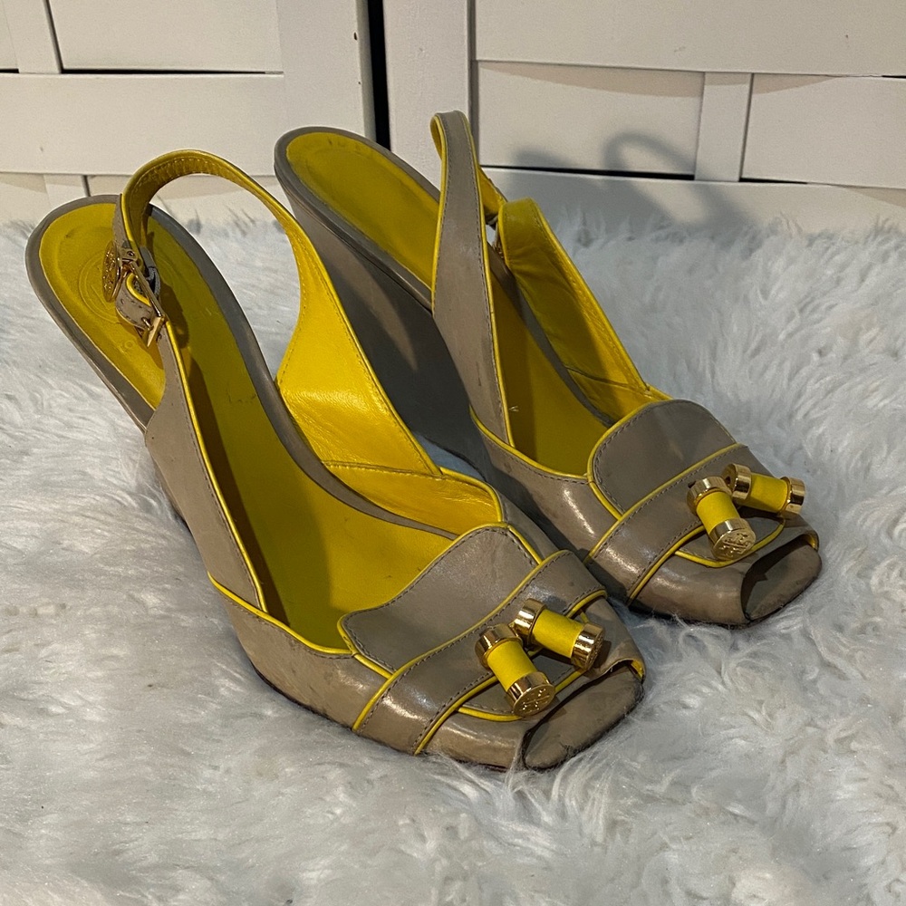 Vintage Tory Burch Stylish Yellow and Gray Slingback Wedge Sandals